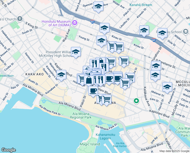 map of restaurants, bars, coffee shops, grocery stores, and more near 1228 Makaloa Street in Honolulu