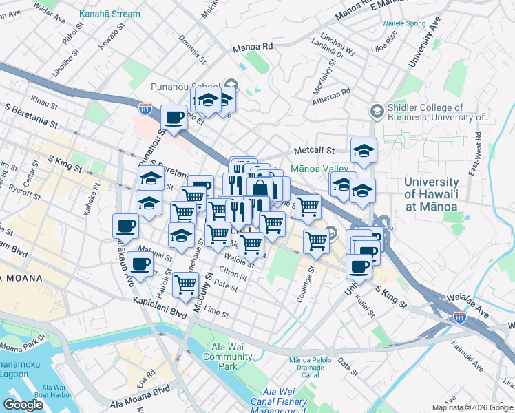 map of restaurants, bars, coffee shops, grocery stores, and more near 2065 South Beretania Street in Honolulu