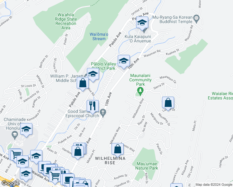 map of restaurants, bars, coffee shops, grocery stores, and more near 1953-B 10th Avenue in Honolulu