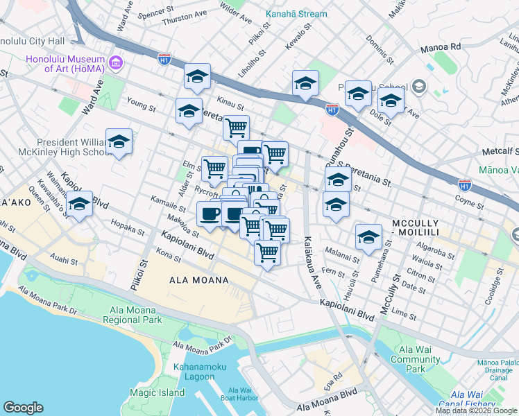 map of restaurants, bars, coffee shops, grocery stores, and more near 1525 Rycroft Street in Honolulu