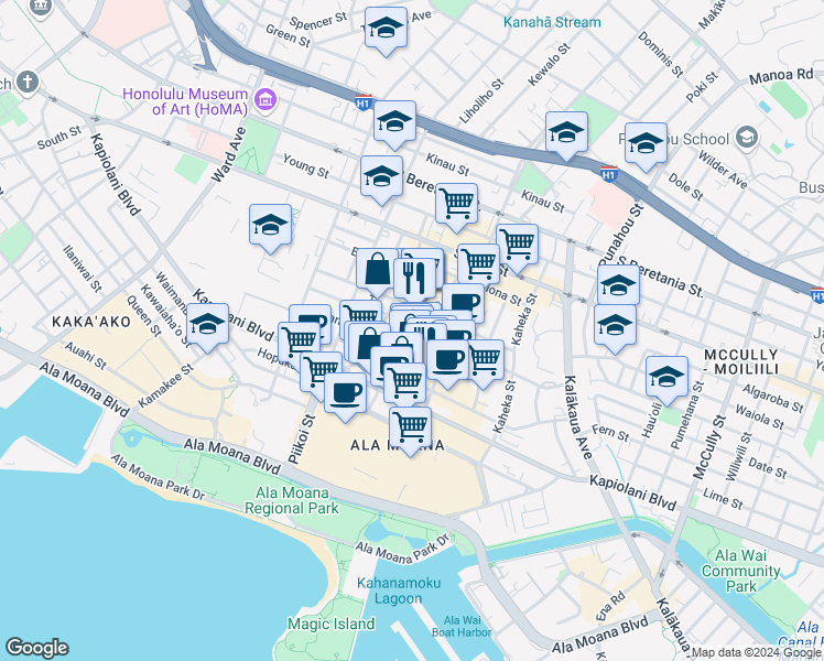 map of restaurants, bars, coffee shops, grocery stores, and more near 704 Sheridan Street in Honolulu