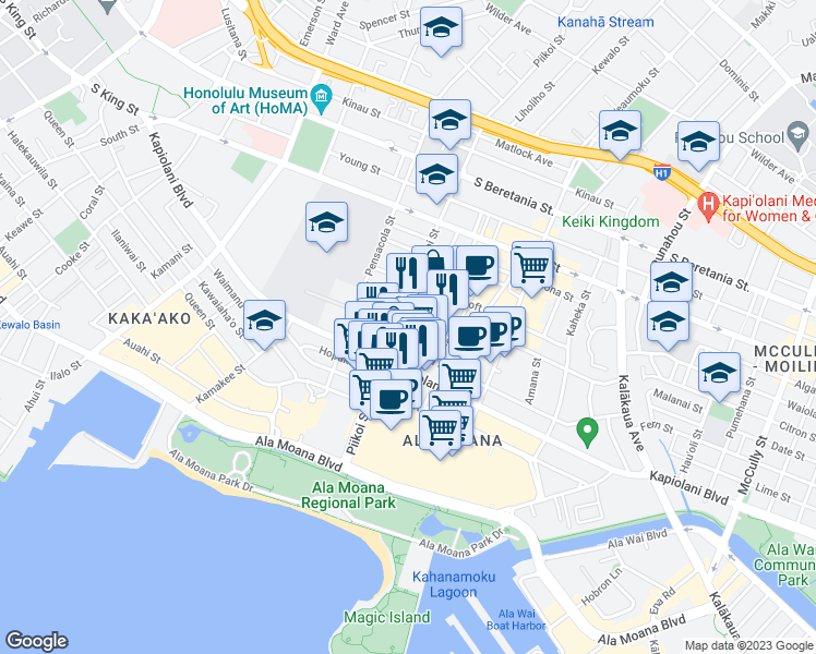 map of restaurants, bars, coffee shops, grocery stores, and more near 1228 Makaloa Street in Honolulu