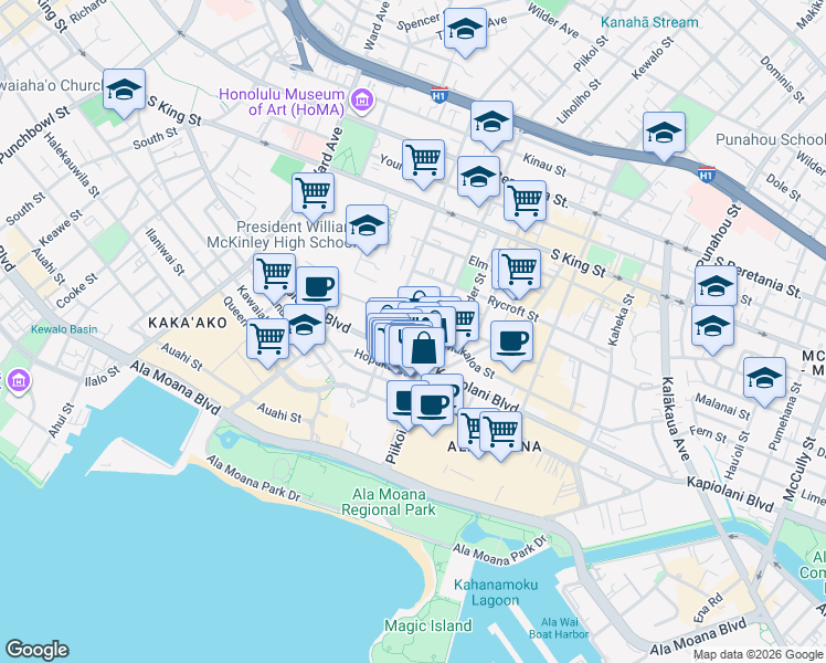 map of restaurants, bars, coffee shops, grocery stores, and more near 1250 Kapiolani Boulevard in Honolulu