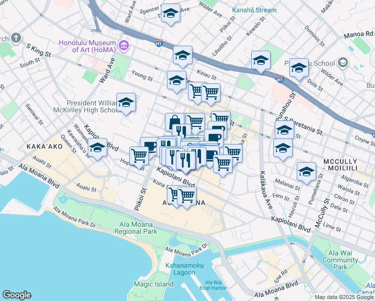 map of restaurants, bars, coffee shops, grocery stores, and more near 704 Sheridan Street in Honolulu
