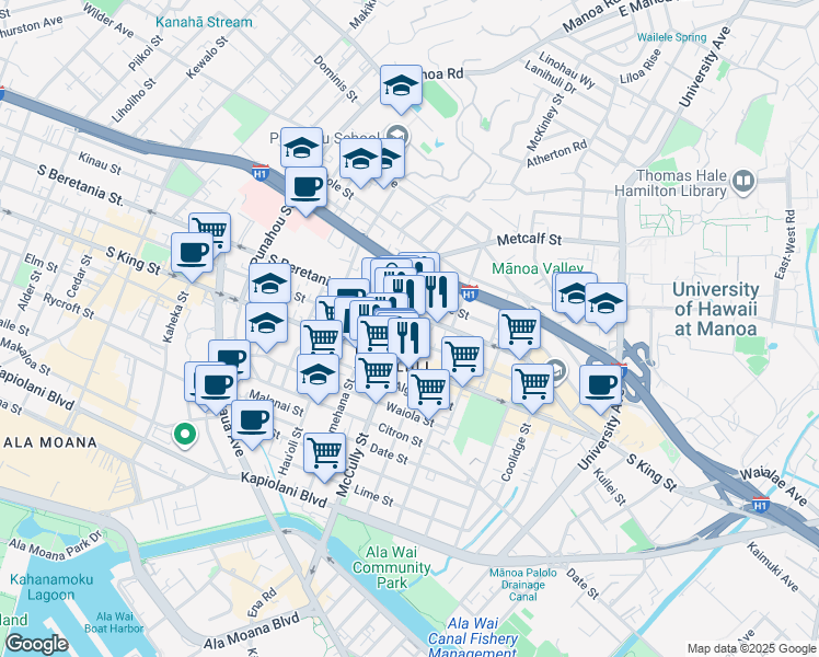 map of restaurants, bars, coffee shops, grocery stores, and more near in Honolulu