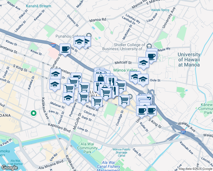 map of restaurants, bars, coffee shops, grocery stores, and more near 2114 South Beretania Street in Honolulu