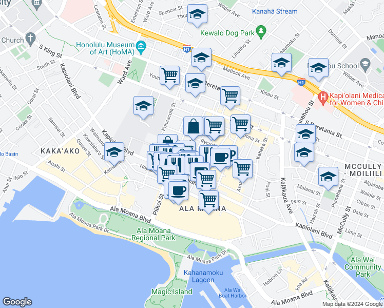 map of restaurants, bars, coffee shops, grocery stores, and more near 1236 Kamaile Street in Honolulu