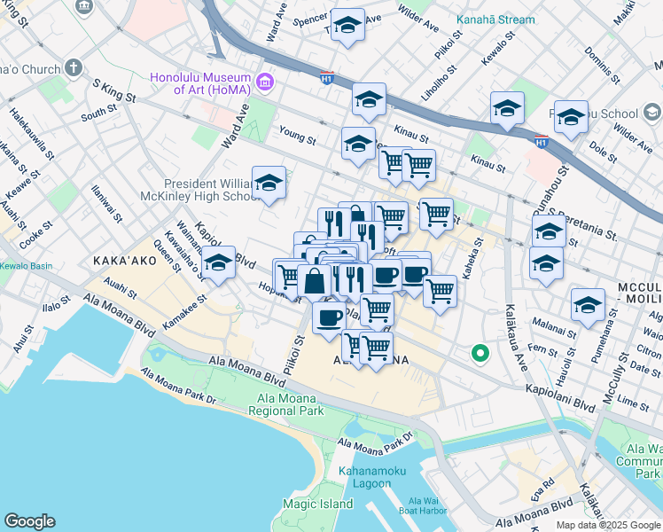 map of restaurants, bars, coffee shops, grocery stores, and more near 645 Piikoi Street in Honolulu