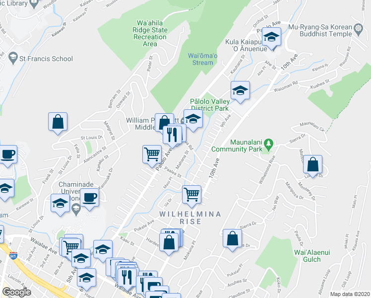 map of restaurants, bars, coffee shops, grocery stores, and more near 1859A Mahana Street in Honolulu