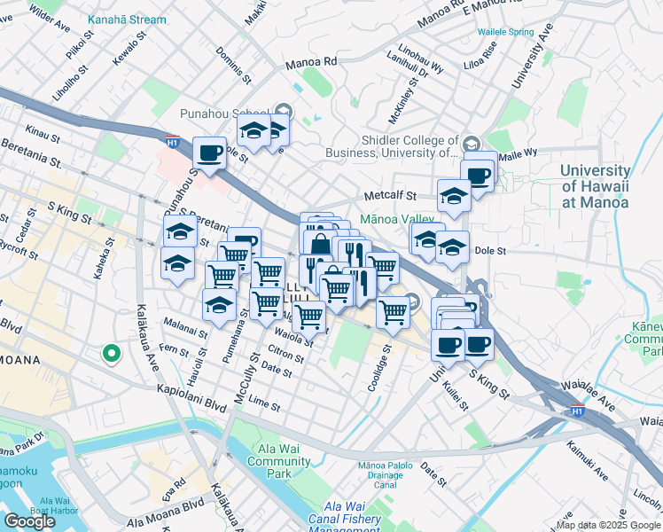 map of restaurants, bars, coffee shops, grocery stores, and more near 2131 South Beretania Street in Honolulu