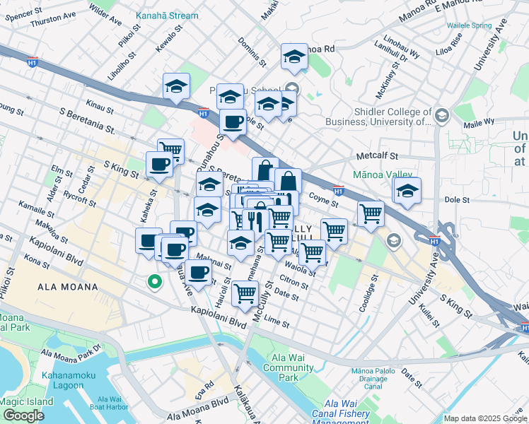 map of restaurants, bars, coffee shops, grocery stores, and more near 1914 South King Street in Honolulu