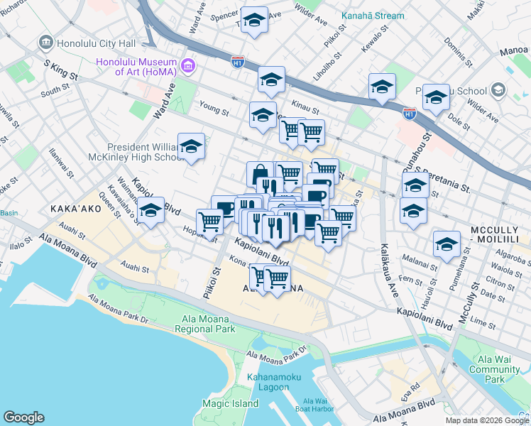 map of restaurants, bars, coffee shops, grocery stores, and more near 704 Sheridan Street in Honolulu
