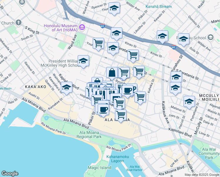 map of restaurants, bars, coffee shops, grocery stores, and more near 1228 Makaloa Street in Honolulu