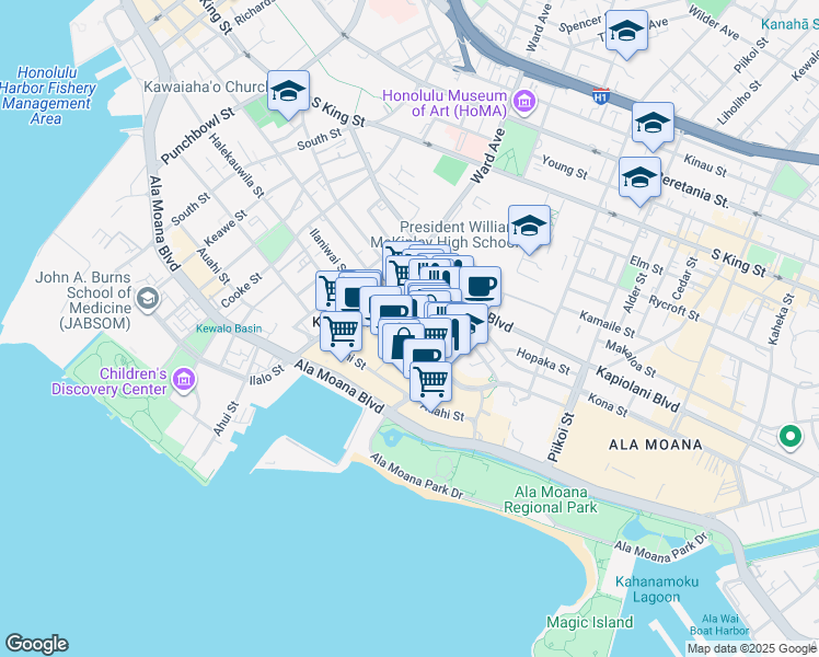 map of restaurants, bars, coffee shops, grocery stores, and more near 1034 Queen Street in Honolulu