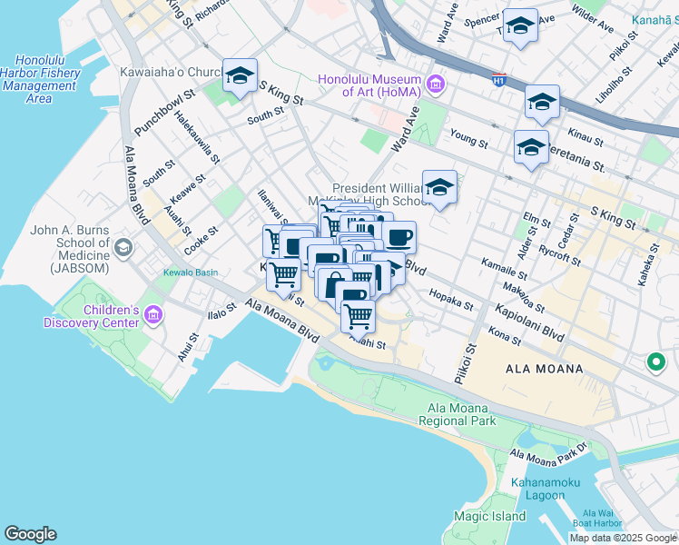 map of restaurants, bars, coffee shops, grocery stores, and more near 1034 Queen Street in Honolulu