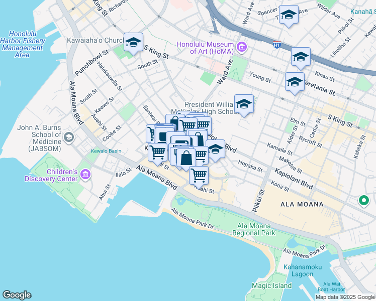 map of restaurants, bars, coffee shops, grocery stores, and more near 1008 Auahi Street in Honolulu