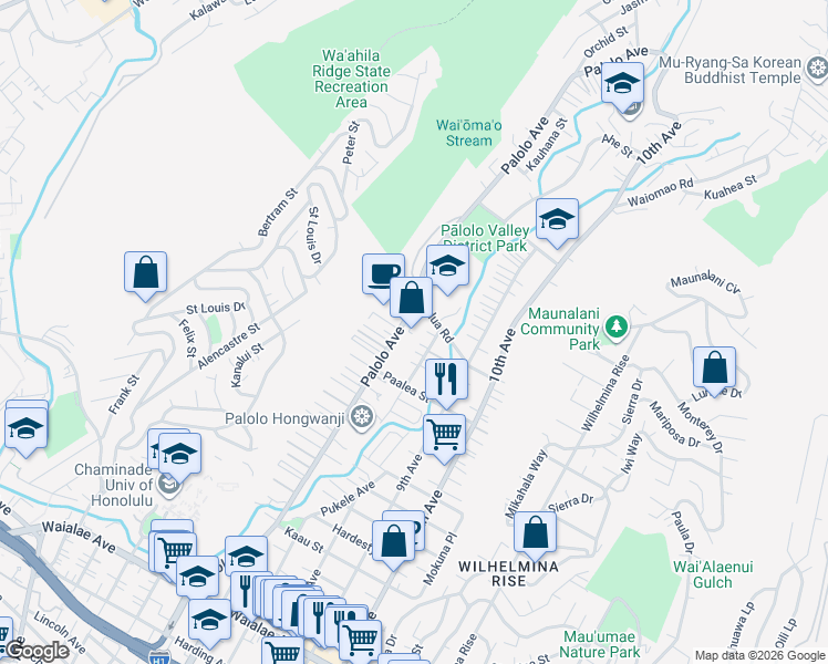 map of restaurants, bars, coffee shops, grocery stores, and more near 1841 Palolo Avenue in Honolulu