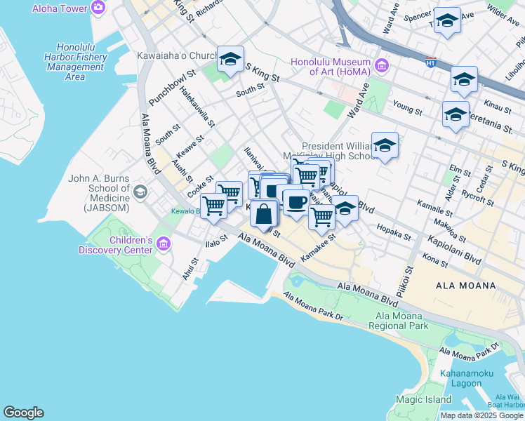map of restaurants, bars, coffee shops, grocery stores, and more near 960 Auahi Street in Honolulu