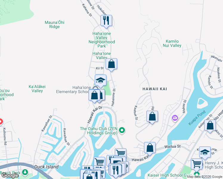map of restaurants, bars, coffee shops, grocery stores, and more near 598 Hahaione Street in Honolulu