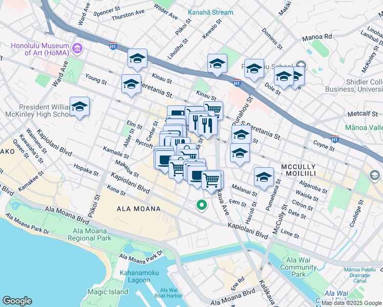 map of restaurants, bars, coffee shops, grocery stores, and more near 920 Kaheka Street in Honolulu