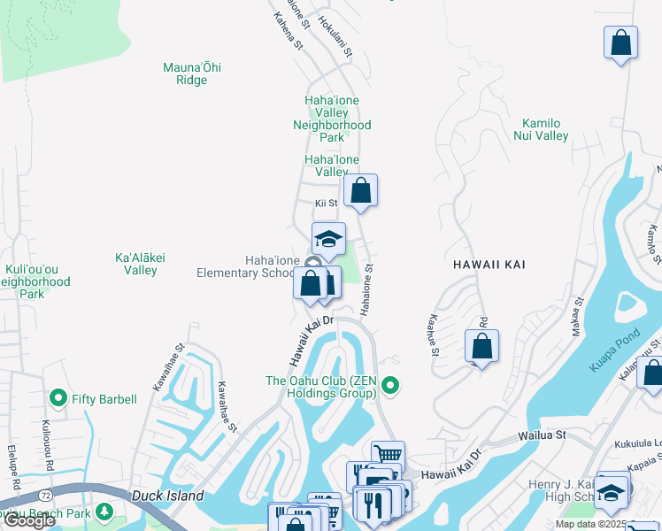 map of restaurants, bars, coffee shops, grocery stores, and more near 595 Pepeekeo Street in Honolulu