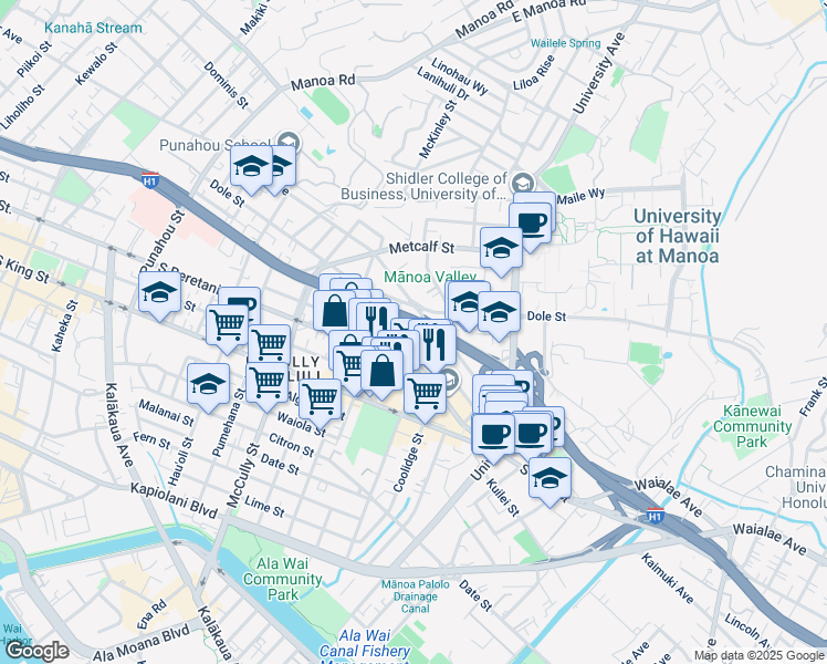 map of restaurants, bars, coffee shops, grocery stores, and more near 2330 South Beretania Street in Honolulu