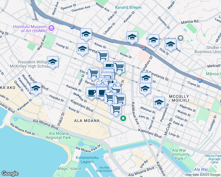 map of restaurants, bars, coffee shops, grocery stores, and more near 1525 Rycroft Street in Honolulu