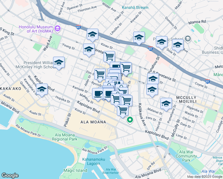 map of restaurants, bars, coffee shops, grocery stores, and more near 1525 Rycroft Street in Honolulu