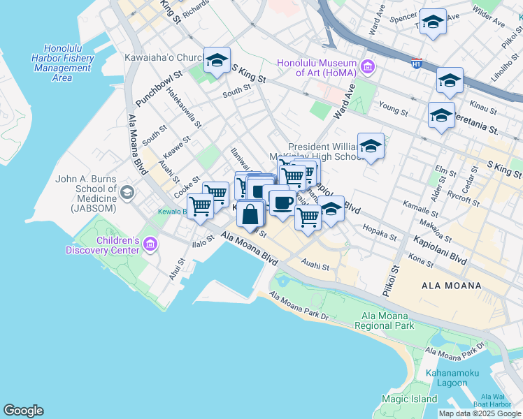 map of restaurants, bars, coffee shops, grocery stores, and more near 960 Auahi Street in Honolulu