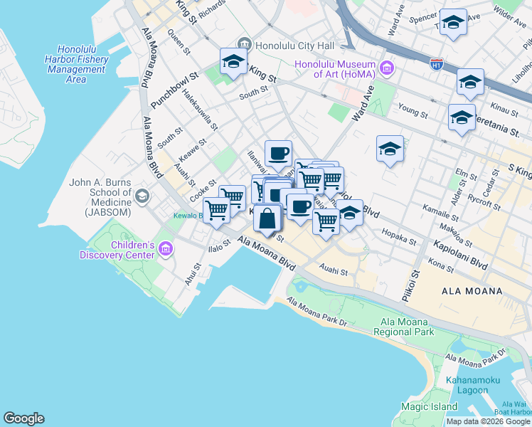 map of restaurants, bars, coffee shops, grocery stores, and more near 333 Ward Avenue in Honolulu