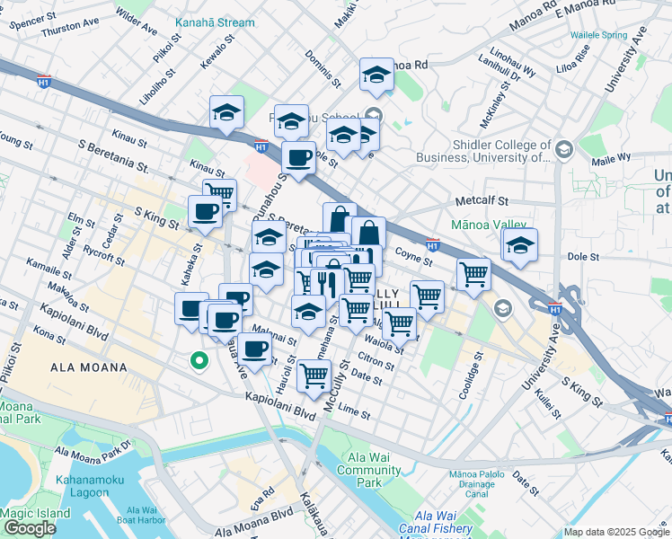 map of restaurants, bars, coffee shops, grocery stores, and more near 1914 South King Street in Honolulu