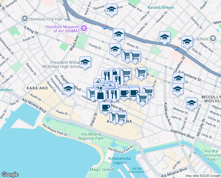 map of restaurants, bars, coffee shops, grocery stores, and more near 1228 Makaloa Street in Honolulu