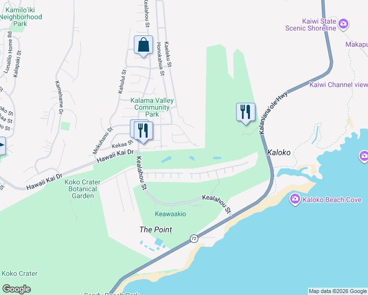 map of restaurants, bars, coffee shops, grocery stores, and more near 7785 Waikapu Loop in Honolulu