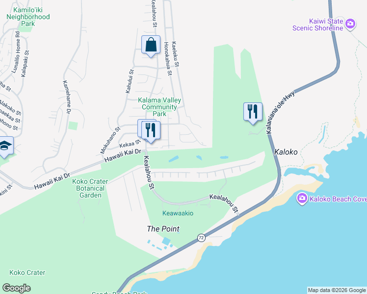 map of restaurants, bars, coffee shops, grocery stores, and more near 7785 Waikapu Loop in Honolulu