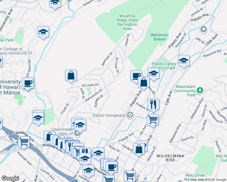 map of restaurants, bars, coffee shops, grocery stores, and more near 1591 Kaminaka Drive in Honolulu