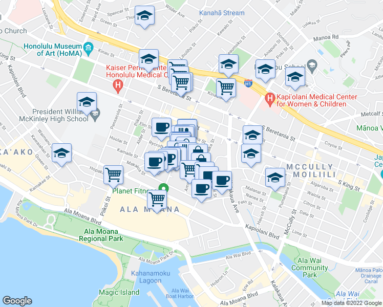 map of restaurants, bars, coffee shops, grocery stores, and more near 1525 Rycroft Street in Honolulu