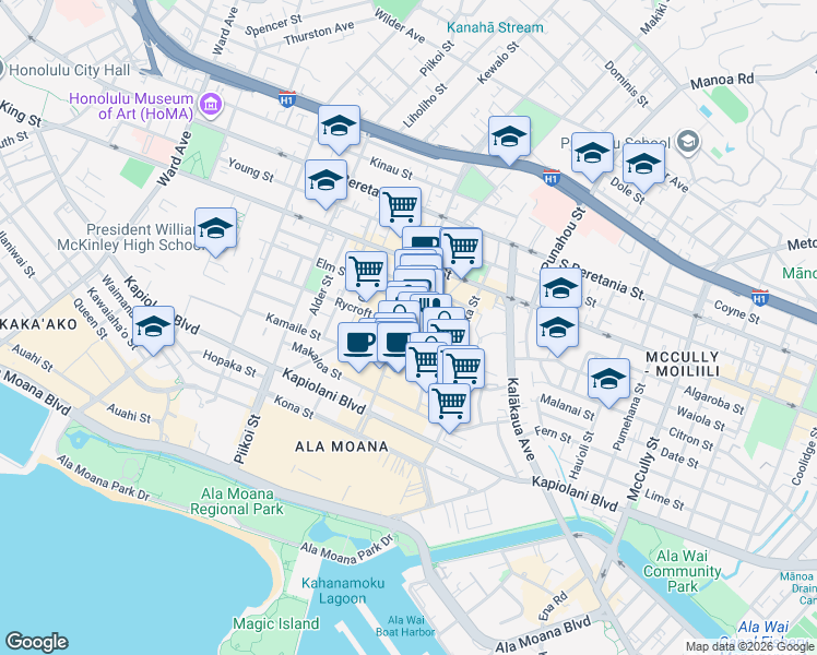 map of restaurants, bars, coffee shops, grocery stores, and more near 1525 Rycroft Street in Honolulu
