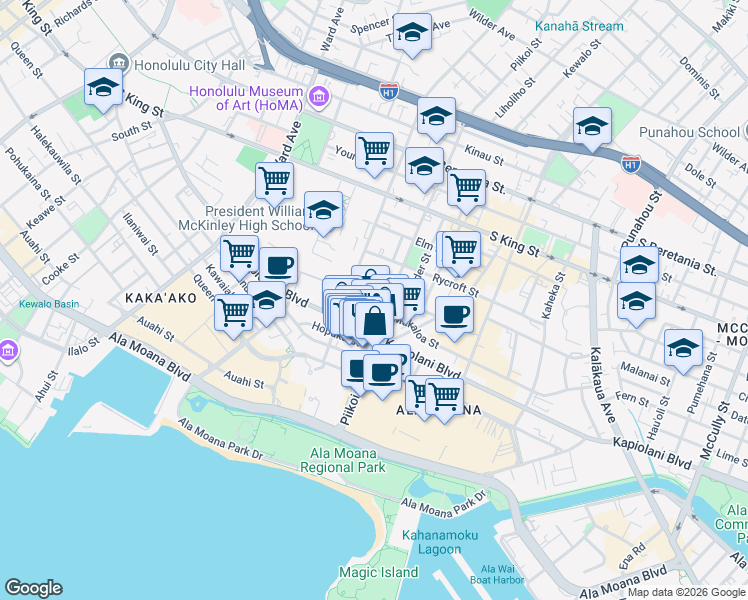 map of restaurants, bars, coffee shops, grocery stores, and more near 1250 Kapiolani Boulevard in Honolulu