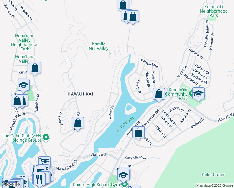 map of restaurants, bars, coffee shops, grocery stores, and more near 7360 Makaa Street in Honolulu