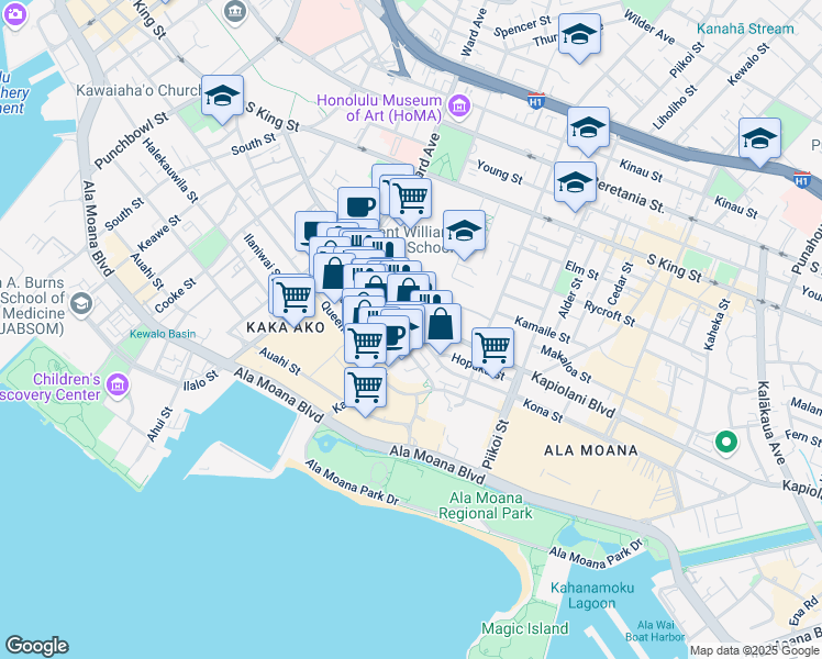 map of restaurants, bars, coffee shops, grocery stores, and more near 1009 Kapiolani Boulevard in Honolulu