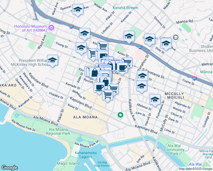map of restaurants, bars, coffee shops, grocery stores, and more near 835 Ke’eaumoku Street in Honolulu