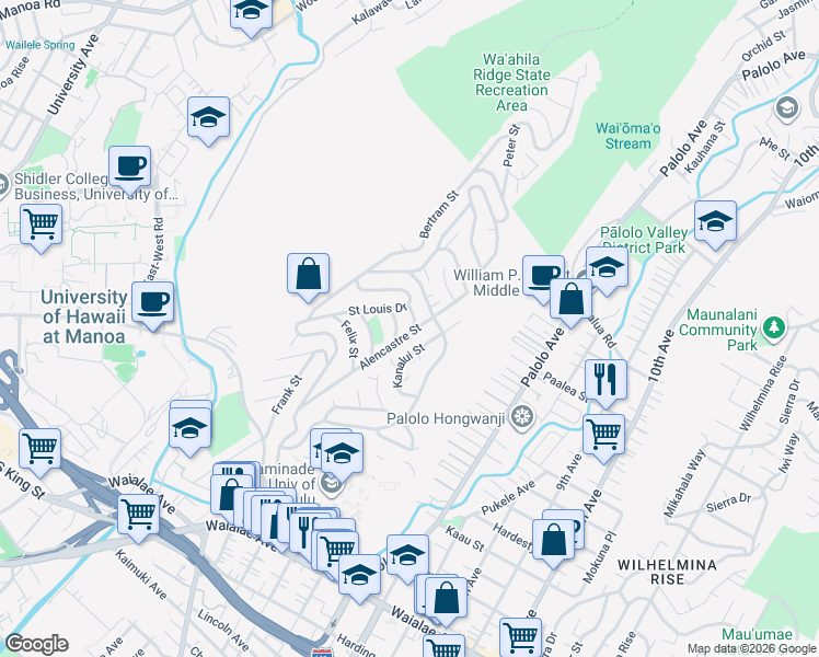 map of restaurants, bars, coffee shops, grocery stores, and more near 3004 Libert Street in Honolulu