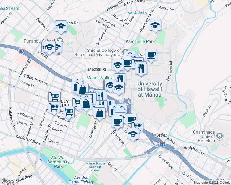 map of restaurants, bars, coffee shops, grocery stores, and more near 2320 Dole Street in Honolulu