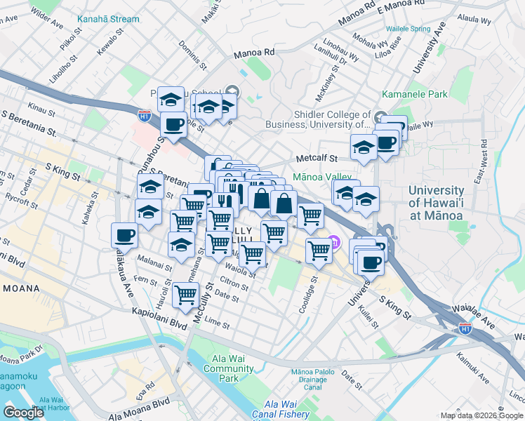 map of restaurants, bars, coffee shops, grocery stores, and more near 2022 Coyne Street in Honolulu
