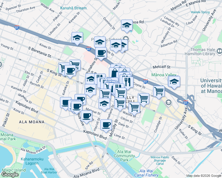 map of restaurants, bars, coffee shops, grocery stores, and more near 1120 Artesian Street in Honolulu