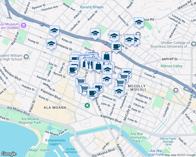 map of restaurants, bars, coffee shops, grocery stores, and more near 1602 South King Street in Honolulu