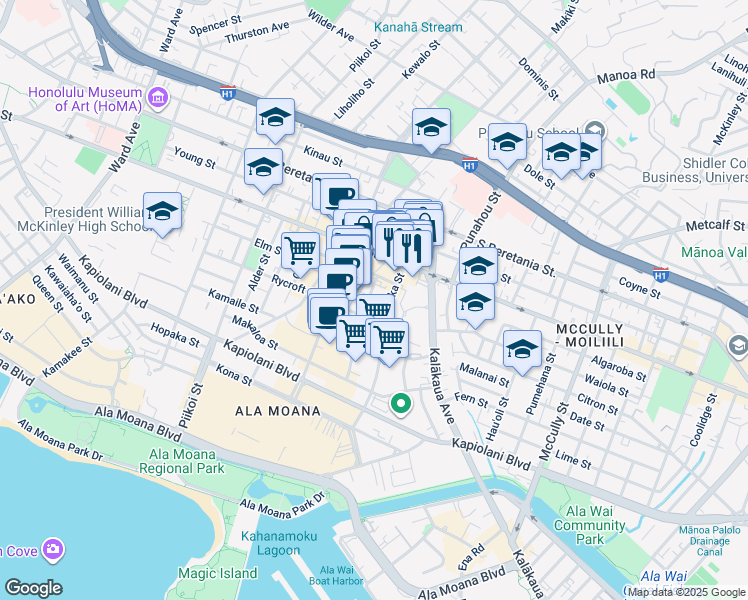 map of restaurants, bars, coffee shops, grocery stores, and more near 930 Kaheka Street in Honolulu