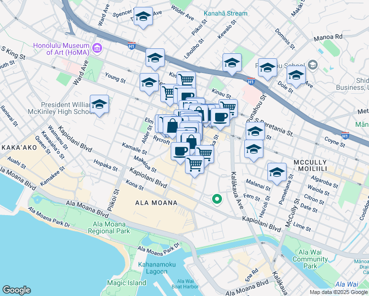 map of restaurants, bars, coffee shops, grocery stores, and more near 835 Ke’eaumoku Street in Honolulu