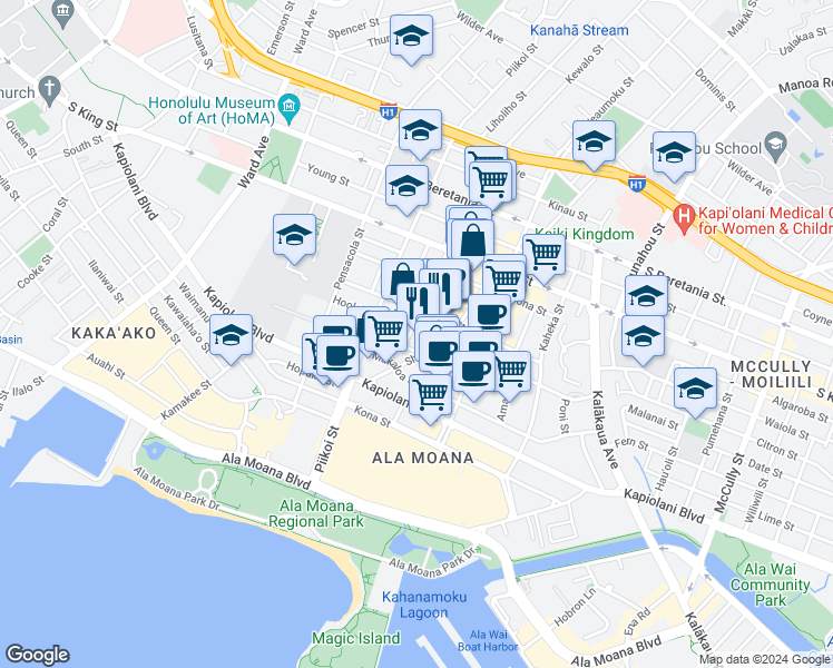 map of restaurants, bars, coffee shops, grocery stores, and more near 1251 Rycroft Street in Honolulu