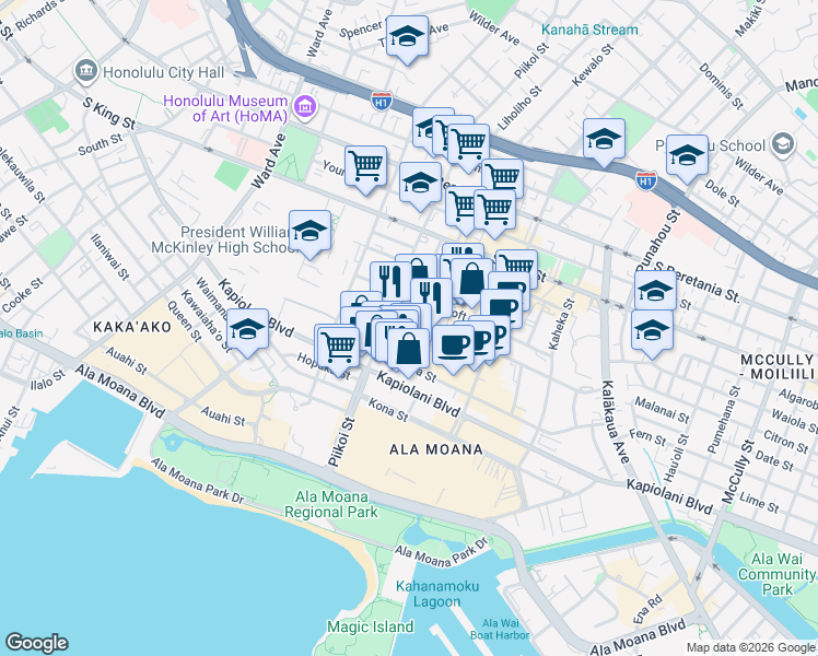 map of restaurants, bars, coffee shops, grocery stores, and more near 730 Alder Street in Honolulu